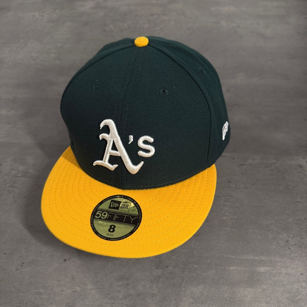 New Era Oakland Athletics Hat 8 Green Yellow MLB Fitted 59FIFTY‎ USA Made Cap